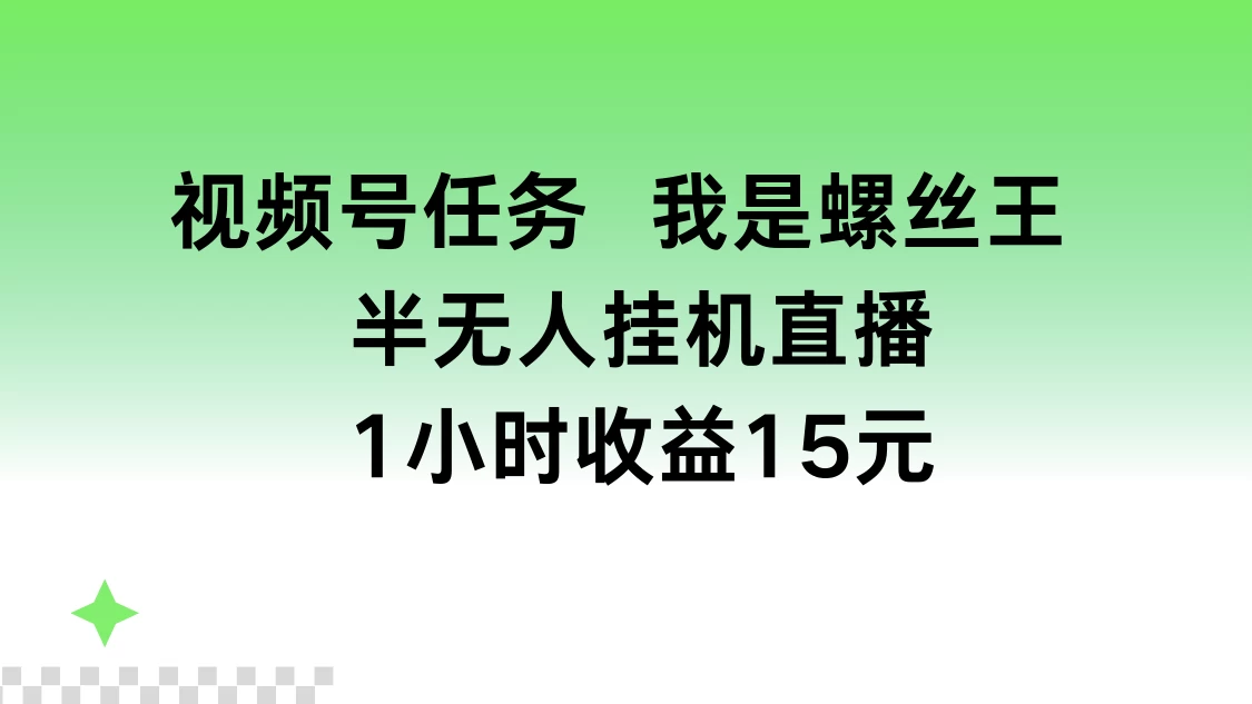 视频号任务，我是螺丝王， 半无人挂机1小时收益15元-星云科技 adyun.org