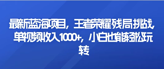 最新蓝海项目，王者荣耀残局挑战，单视频收入1000+，小白也能轻松玩转-星云科技 adyun.org