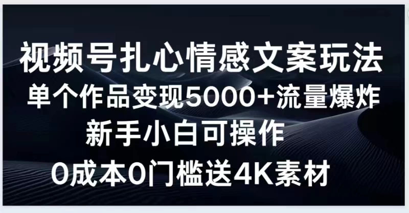 视频号扎心情感文案玩法，单个作品变现5000+，流量爆炸，两分钟一条作品，新手小白可操作，0成本0门褴送4K素材送工具-星云科技 adyun.org